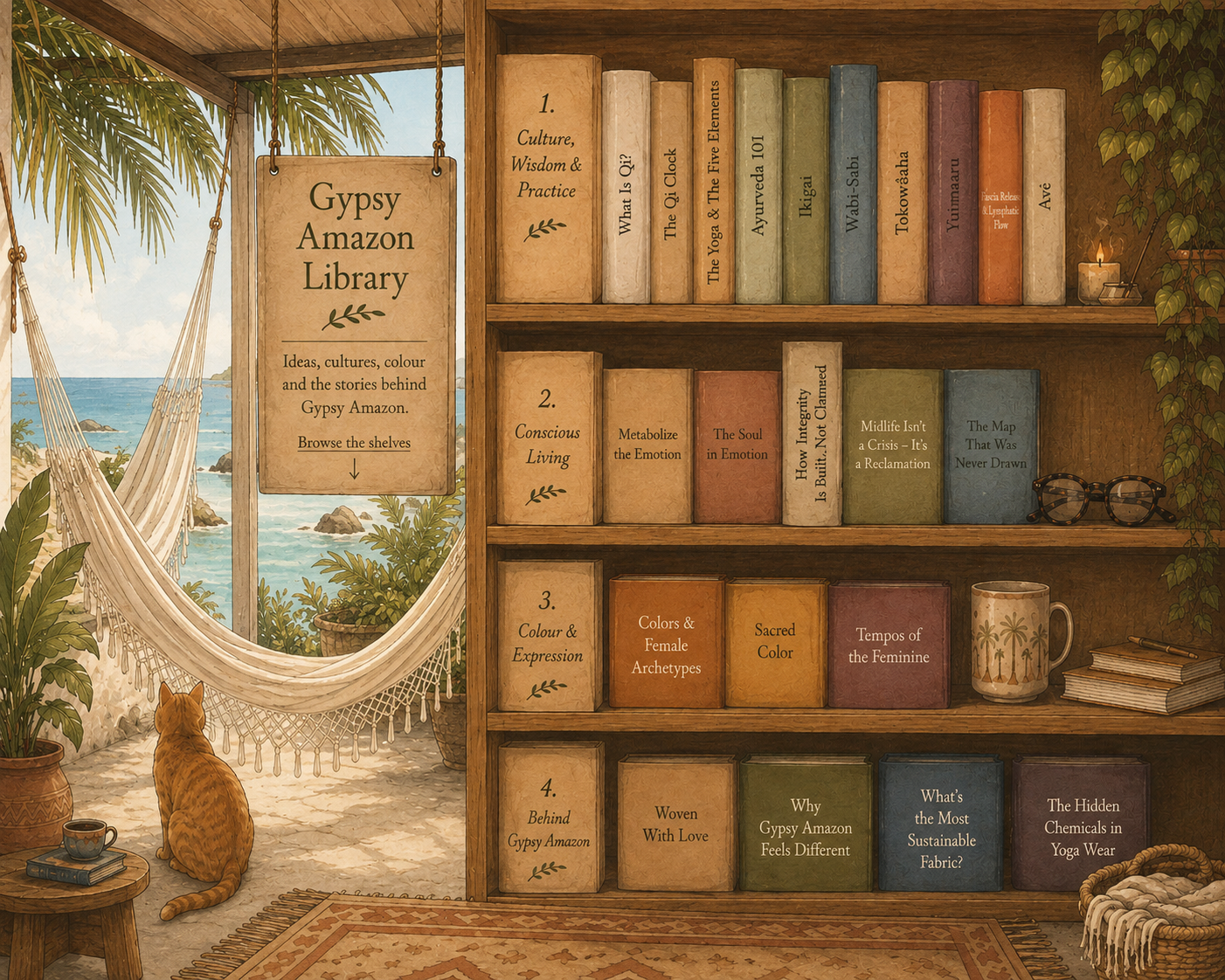 Gypsy Amazon Library overlooking the sea, with a white hammock, a ginger cat and four shelves of books.